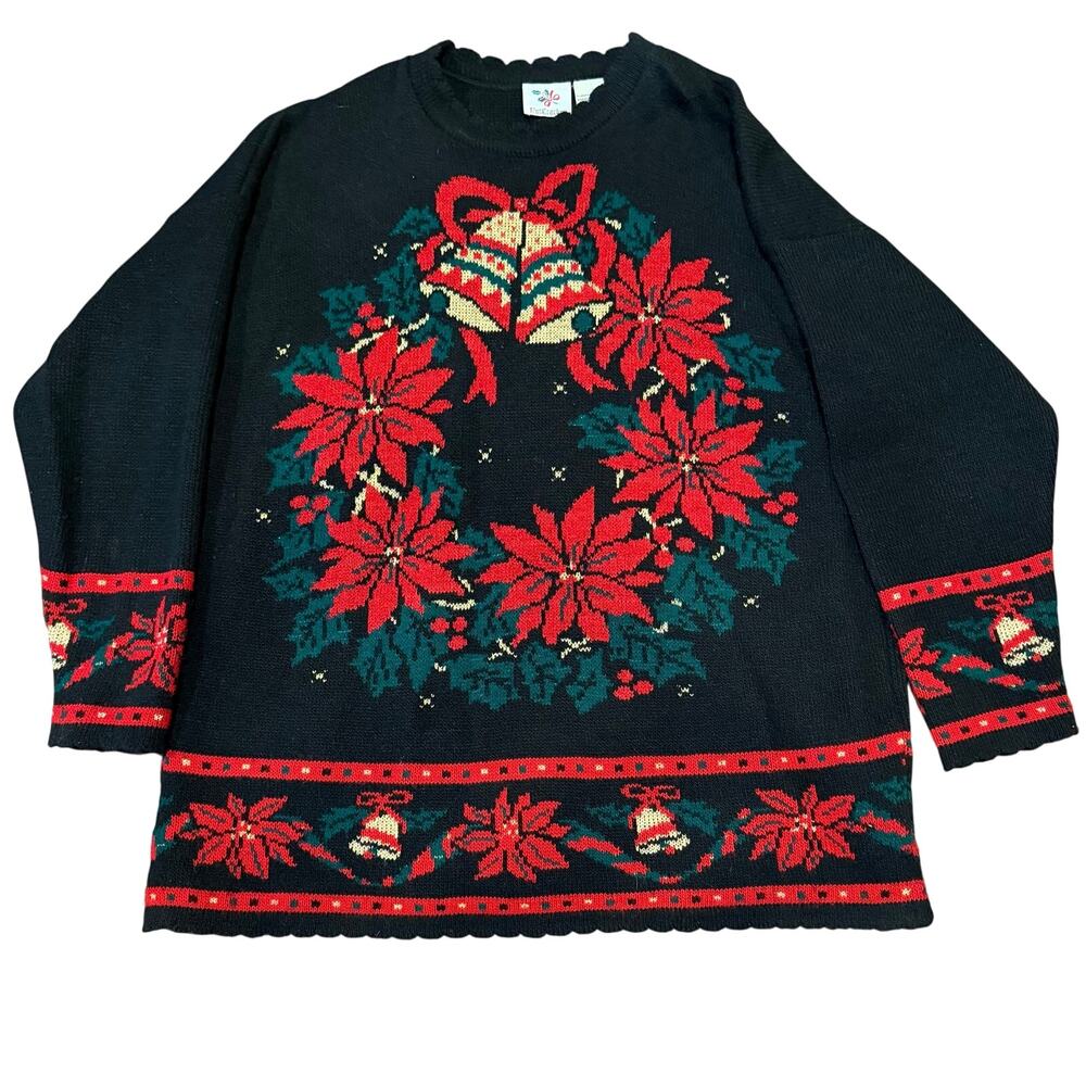 VTG Nutcracker Christmas Sweater Wreath Poinsettia Bells Ugly Xmas XL Made USA